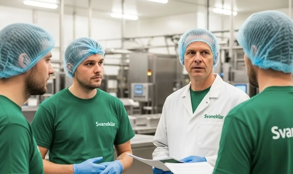 svane medarbejdere i samtale og konsultation på fabrik for at sikre effektiv og miljøvenlig rengøring